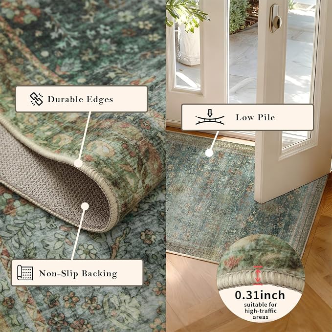 Latte&Fog 6x9 Area Rugs for Living Room, Large Vintage Green Washable Rug - Image 5