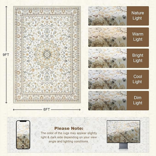 6x9 Area Rugs Living Room Rug: Washable Vintage Boho Rug No Slip Stain - Image 2