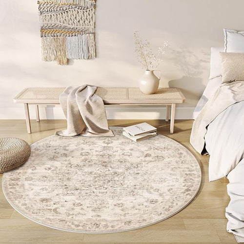 8x8 Washable Neutral Round Rug Beige Vintage Living Room Bedroom Circle Rug - Image 2