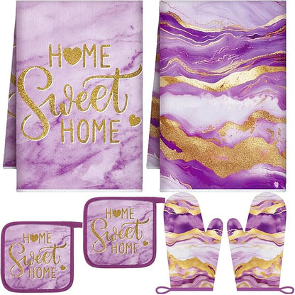Bencailor Purple 6 Pcs Marble Kitchen Decor Gold Pot Holders Oven Mitts 2 Dish by Bencailor