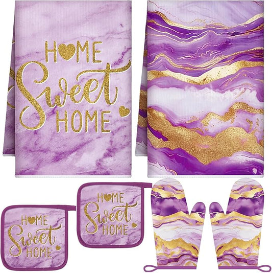 Bencailor Purple 6 Pcs Marble Kitchen Decor Gold Pot Holders Oven Mitts 2 Dish by Bencailor