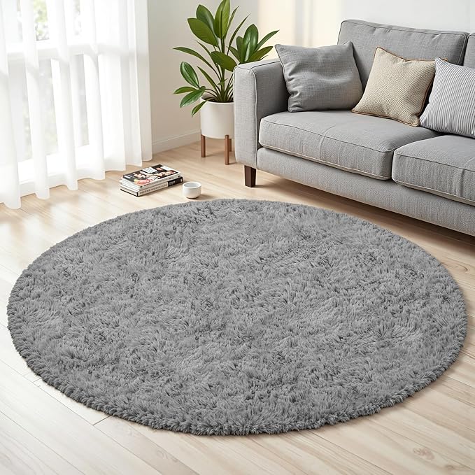 Light Gray Round Fluffy Rug 6ft Plush Fuzzy Shaggy Carpet, Soft Rugs by Unknown