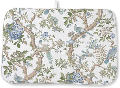 Blue Green Dish Drying Mat 18x24 Inch Chinoiserie Vintage Floral Bird Drying by DAFENA
