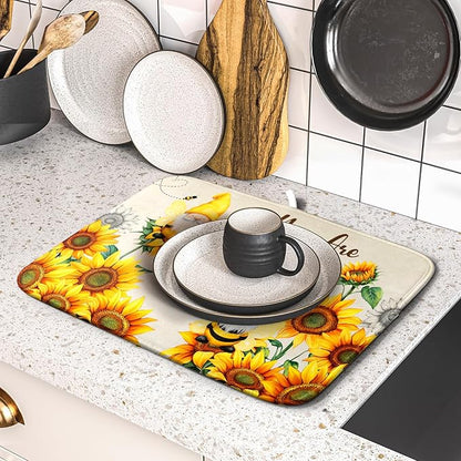 Giwawa Bee Gnomes Dish Drying Mat, Summer Sunflowers Elf Dish Drainer Mats - Image 5