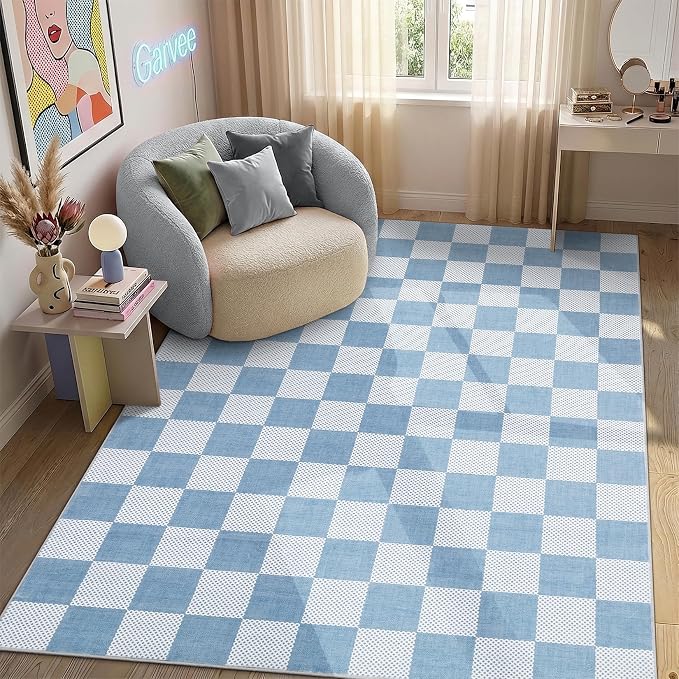 GarveeHome Checkered Light Blue and White 5x7 Washable Rug Geometric Diamond - Image 2