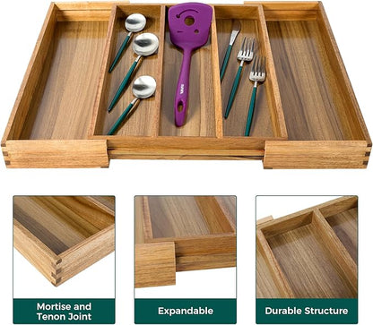 Utoplike Acacia Kitchen Drawer Organizer Expandable, Large Utensils and Cutlery - Image 6