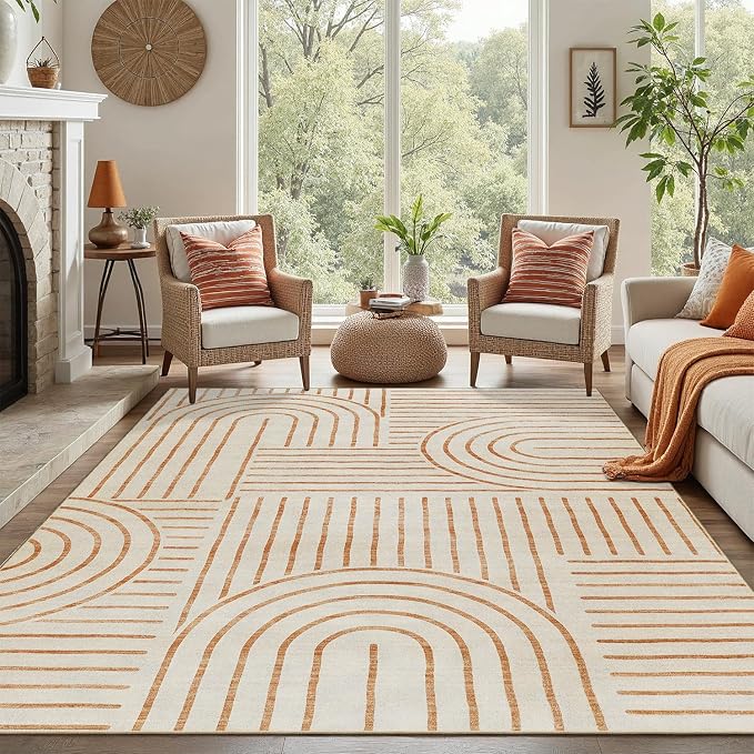 DCX Beige Machine Washable Area Rug 4x6, Midcentury Modern Non Slip Stain - Image 6