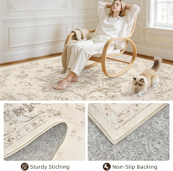 4x6 Area Rugs for Living Room: Vintage Boho Neutral Washable Rug Indoor Soft - Image 4