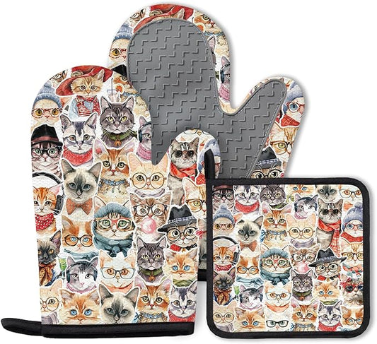 Cute Cat Oven Mitts and Pot Holders Sets 3PCS, Cat Silicone Heat Resistant Oven by Unknown