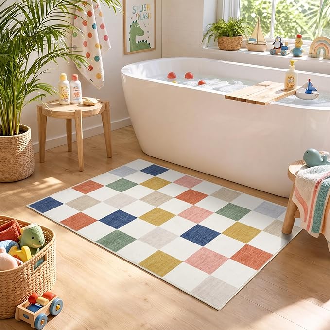 GarveeHome Checkered Colorful Rainbow Small 2x3 Washable Rug Door Mat Geometric - Image 3