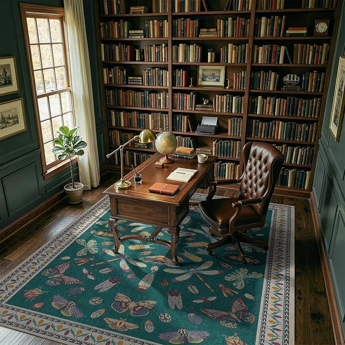 DCX 6x9 Washable Insect Rug, Vintage Gothic Deep Teal Rug - Image 4