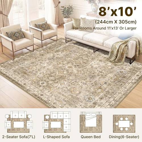 8x10 Area Rug for Living Room-Vintage Farmhouse Boho Floral Neutral Washable - Image 2