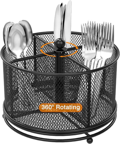 360° Rotating Metal Utensil Caddy, 4 Compartment Silverware Cutlery Holder by Unknown