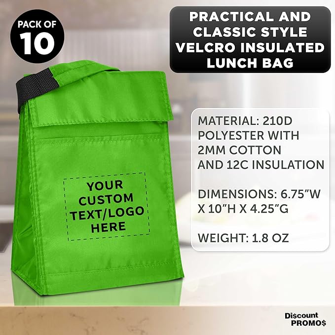 DISCOUNT PROMOS 10 Hook and Loop Insulated Lunch Bags Set - Customizable Text, Logo - Polyester, Durable, Vibrant, Reusable - Green