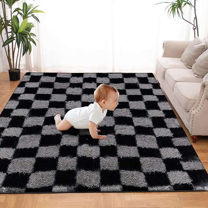 Super Soft Rug for Bedroom, 4x6 Ft Grey and Black Area Rug Classic Checkered by TOOHUB