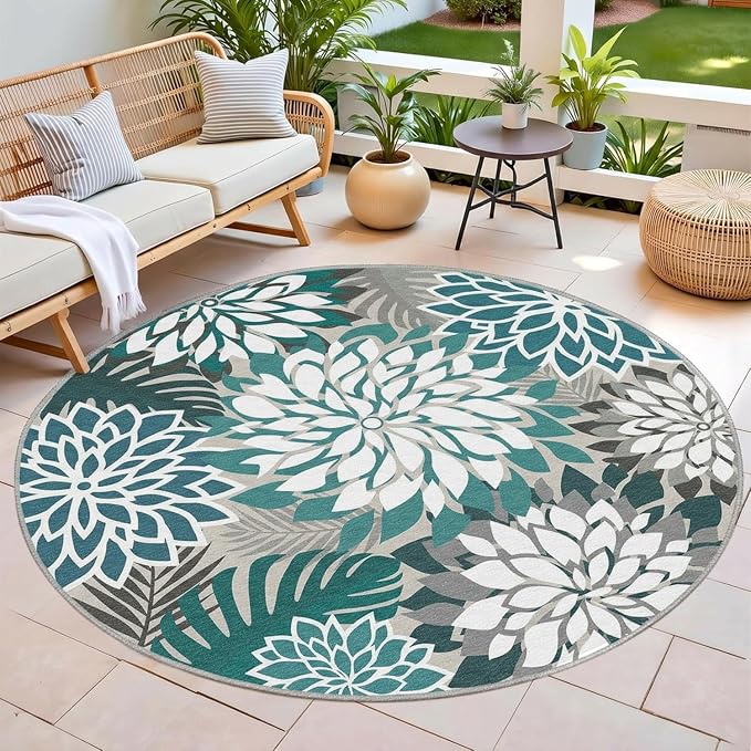 Colorful 6FT Outdoor Round Area Rug Washable Rugs Multicolored Patio Rug - Image 3