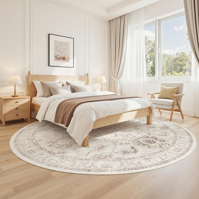 Madane Washable Round Rug 8ft for Living Room, Soft Ultra-Thin Non-Slip Vintage - Image 3