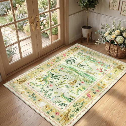 2x3 Washable Area Rug for Entryway Non Slip Safari Nursery Rug Green Kids Room by Garvee