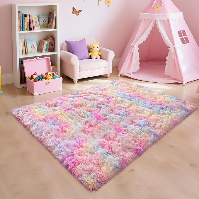 3x5 Pastel Rainbow Rug for Girls Bedroom, Fluffy Colorful Unicorn Rug for Kids - Image 3