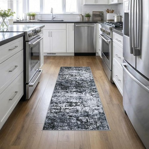 2'x6' Runner Rug Washable Rug: Modern Abstract Soft Thin Runner Rug Black by FXRHLP