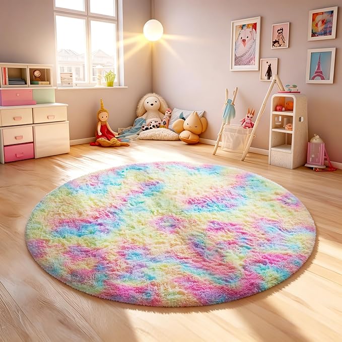 Ophanie Round Rugs 4Ft Rainbow Circle Area Rug, Colorful Unicorn Bedroom Dorm by Ophanie