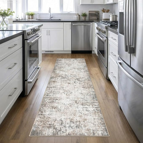2.6'x10' Runner Rug Washable Rug: Modern Abstract Soft Thin Runner Rug Brown by FXRHLP
