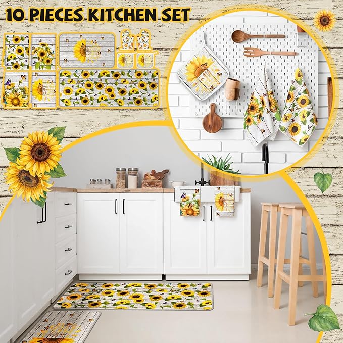 Fourluoo 10 Pcs Sunflower Kitchen Decor Set Butterfly Towels and Rugs Oven - Image 2