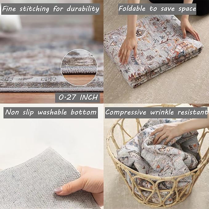 CHAMPLANT 5x7 Washable Area Rug Gray Vintage Traditional Floor Cover Foldable - Image 5