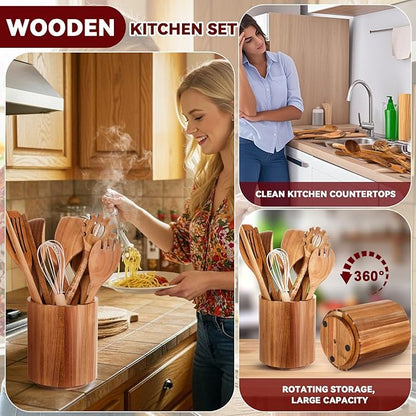 SiliFine 11 Pcs Wooden Kitchen Utensils Set - Image 3