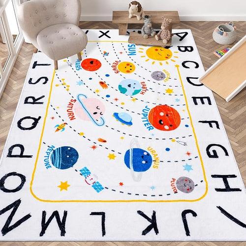 ABC Space Kids Rug, Washable Rug, Soft Plush Educational Large Rug by LTKOUGFAM