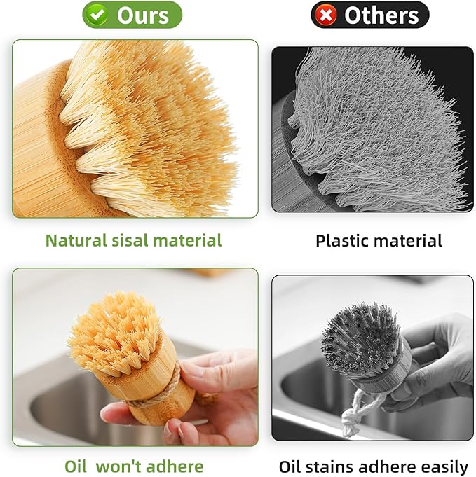 SUBEKYU Bamboo Dish Scrub Brushes, Kitchen Wooden Cleaning Scrubbers Set - Image 4