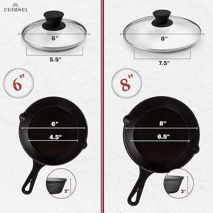 Cuisinel 6"+8"+10+12"-Inch Cast Iron Skillets Set + Glass Lids + Silicone - Image 2