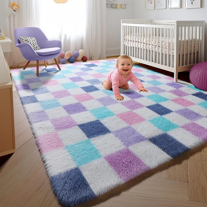 KICMOR Purple Rainbow Checkered 6x9 Area Rugs - Image 5