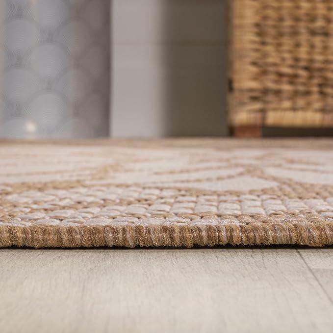 JONATHAN Y Floral Textured Weave Indoor Outdoor Round Area Rug 5 Ft Brown/Cream - Image 6