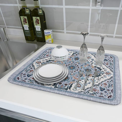Boho Flower Dish Drying Mat Blue Bohemian Dishes Drainer Rack Mat 18x24 Inch - Image 6