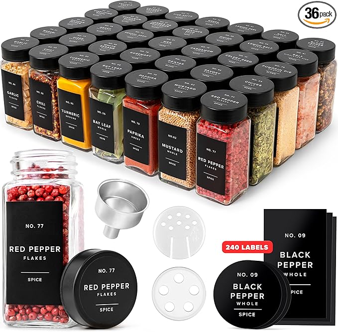 EDELHAUS Glass Spice Jars with Label and Black Lids Spice Containers with 240 by EDELHAUS