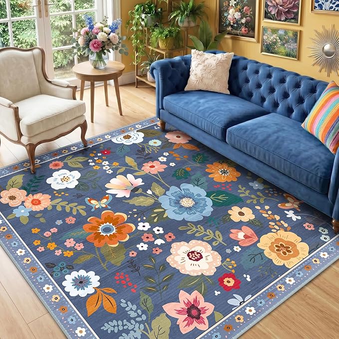 RELEANY Floral Square 4ft Area Rugs Washable Print Boho Cute Carpet Non Slip - Image 6