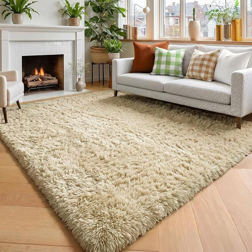 Amdrebio Beige Area Rugs for Bedroom Kids Room, 5x7 Fluffy Plush Shag Furry by Amdrebio