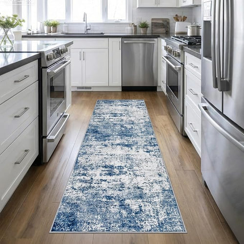 2.6'x10' Runner Rug Washable Rug: Modern Abstract Soft Thin Runner Rug Blue by FXRHLP