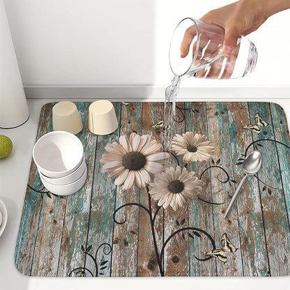 Dish Drying Mat for Kitchen Counter 18 x 24 Inch Rustic Vintage Daisy Floral - Image 6