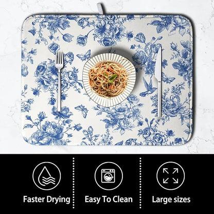 Dish Drying Mat for Kitchen Counter Blue and White Floral Drying Mats - Image 4