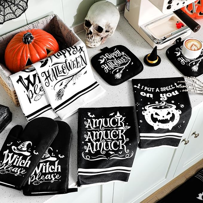 Fanfanwin 10 Pcs Halloween Kitchen Decor Set Witch Kitchen Towels and Rugs Pot - Image 7