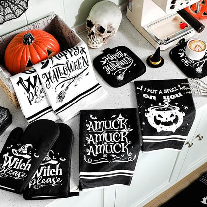 Fanfanwin 10 Pcs Halloween Kitchen Decor Set Witch Kitchen Towels and Rugs Pot - Image 7