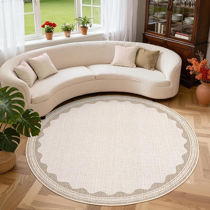 GarveeHome Scalloped Beige 4ft Round Rug Washable Non-Slip Soft Ultra-Thin - Image 3