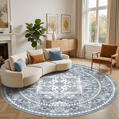 8ft Round Area Rug: Washable Vintage Neutral Soft Non Slip Thin Large Floor by MICGEEK