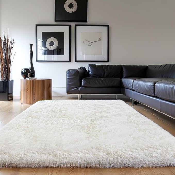 KICHOWUA Thick Area Rug Cream White Fluffy Shag 3x5 - Image 7
