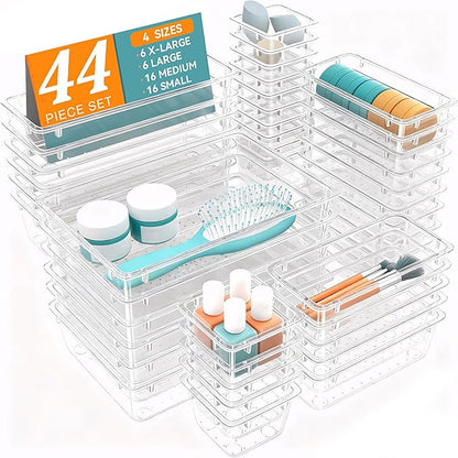 WOWBOX 44 PCS Clear Plastic Drawer Organizer Set, 5 Varied Size storage Bins by WOWBOX
