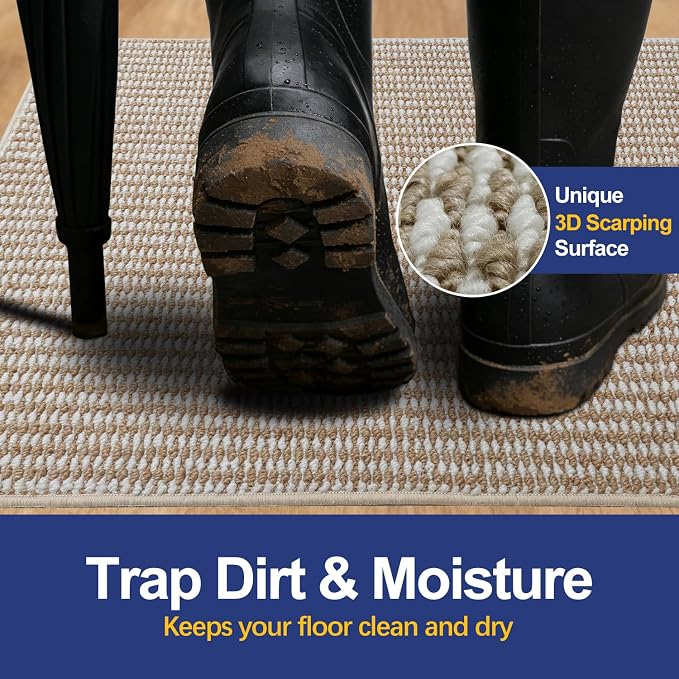Dirt Trapping Door Mat 24x36, Taupe & White Faux Jute Entryway Rug | Low-Profile - Image 2