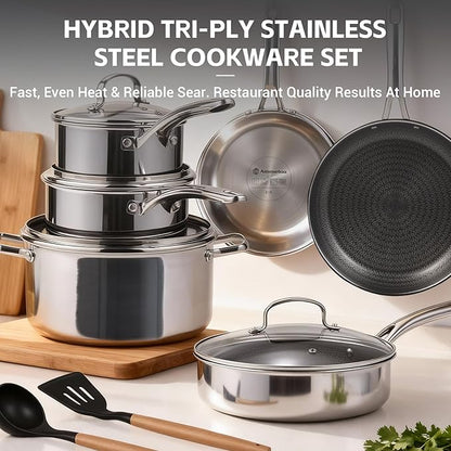 Ammeloo 17 Pcs Nonstick Stainless Steel Cookware Set, Hybrid Stainless Steel - Image 9
