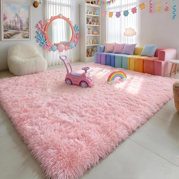 Amdrebio Pink Area Rug 6x9 for Girls Bedroom, Large Shag Fluffy Rugs for Living - Image 5